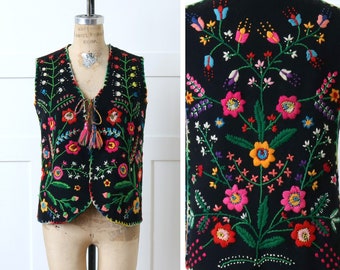 vintage hand embroidered bright floral vest • folkloric crewel embroidery bohemian wool vest