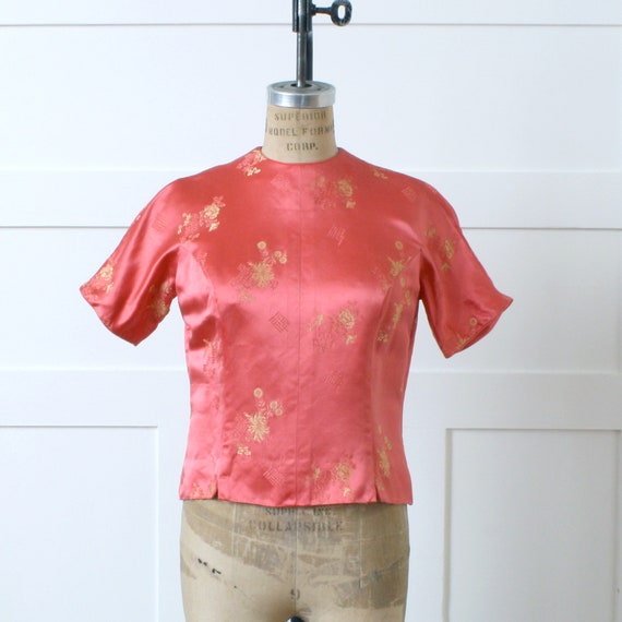vintage 1960s bright coral brocade blouse • Chines