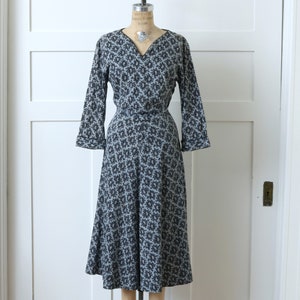 vintage 1950s day dress in gray & black paisley cotton corduroy full skirt rhinestone dress image 7