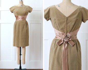 vintage early 1960s cafe latte beige dress • tailored velveteen & satin bow wiggle / cocktail dress