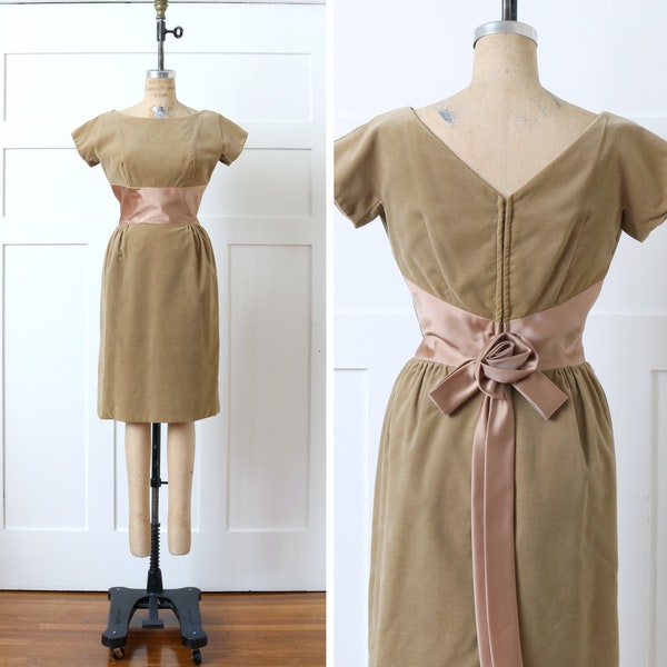 vintage early 1960s cafe latte beige dress • tailored velveteen & satin bow wiggle / cocktail dress