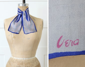 vintage 1950s early VERA silk ascot scarf • gray & blue abstract dots collar tie