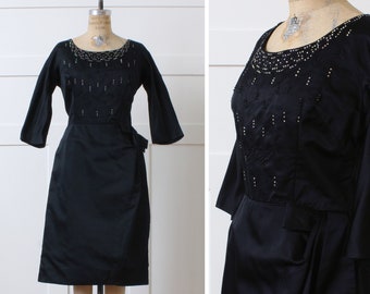 vintage 1960s black silk satin cocktail dress • rhinestones & hip swag sophisticated little black dress