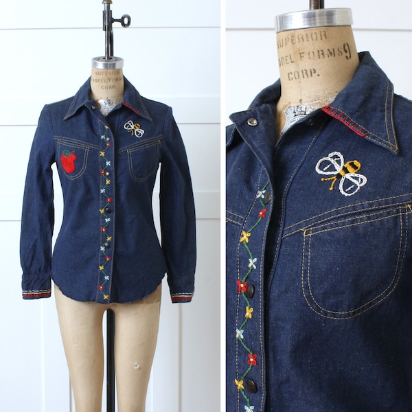 Vintage Denim Embroidered Long Sleeve Shirt