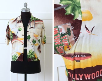 vintage rayon hawaiian shirt • Hollywood CA novelty print • 1990s Y2K does 1940s 50s shirt
