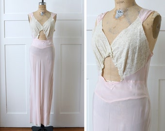 vintage 1940s pink bias cut nightgown • rayon & lace peek-a-boo bedroom boudoir gown