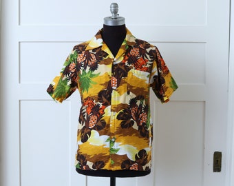 mens vintage 1960s pineapple print Hawaiian shirt • hukilau hawaii bright orange, green & yellow tiki shirt