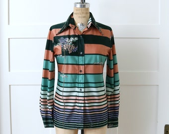 vintage 1970s abstract stripes nylon shirt • green & peach floral long sleeve blouse