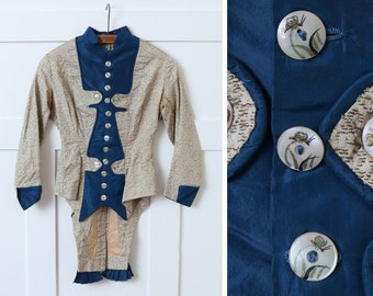 antique Victorian blouse • persian blue & pale gold woven silk with hand painted shell butterfly buttons