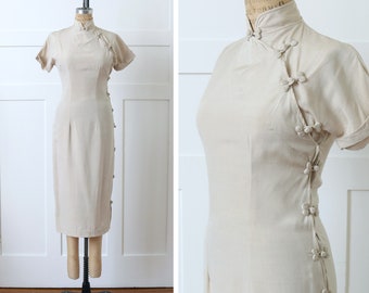 vintage 1960s beige silk cheongsam dress • NOS made in Japan beautifully tailored raw silk dress