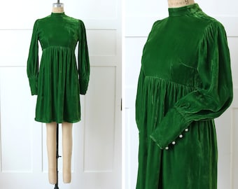 vintage 1960s green velveteen short dress • empire waist boho bishop sleeve babydoll dress