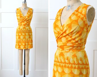 vintage 1960s orange & yellow dress • bright psychedelic op art print sleeveless wrap dress