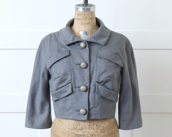 vintage 1960s gray cropped jacket • tailored boxy dress jacket with big buttons & pockets