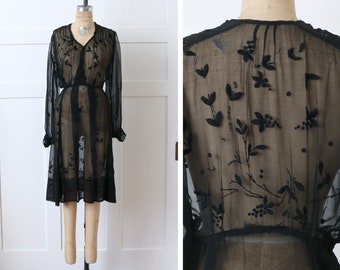 vintage 1930s 40s embroidered dress • sheer black folk embroidery dress with bishop sleeves