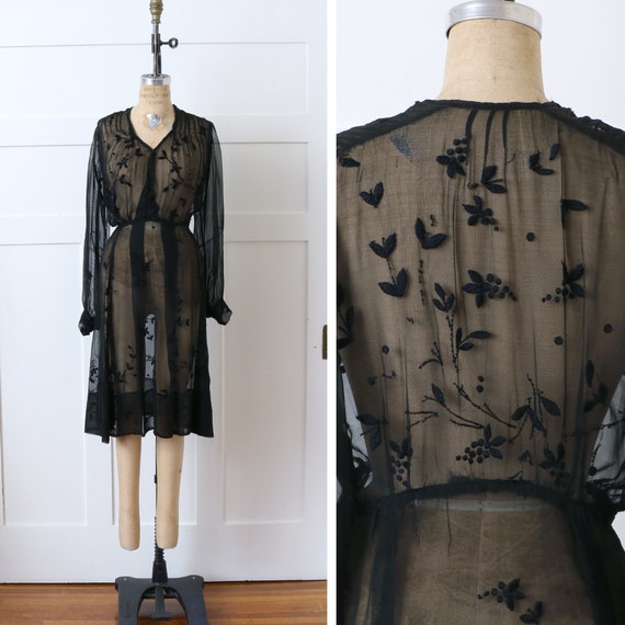 vintage 1930s 40s embroidered dress • sheer black… - image 1