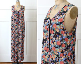 vintage 1990s FLAX overalls • colorful abstract floral rayon jumper onesie