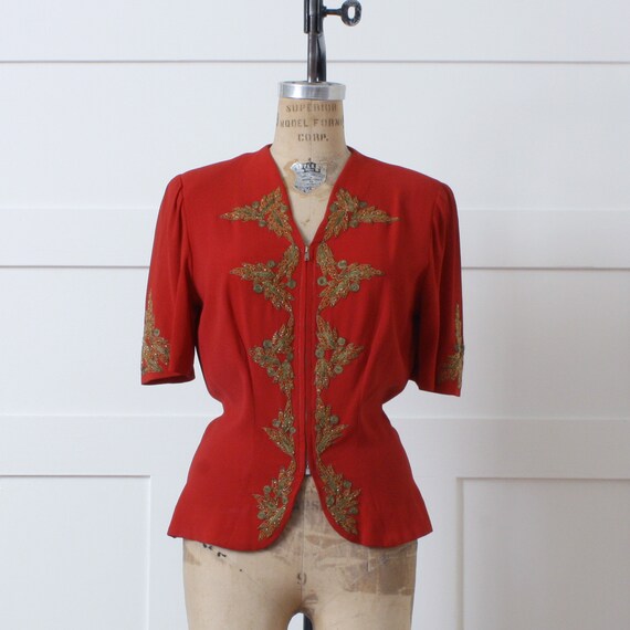 vintage 1940s red rayon blouse • zip front gold so