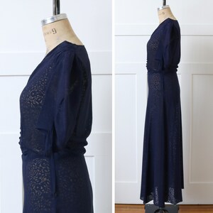 vintage 1930s navy blue puff sleeve dress semi-sheer burnout floral full length Art Deco dress image 7