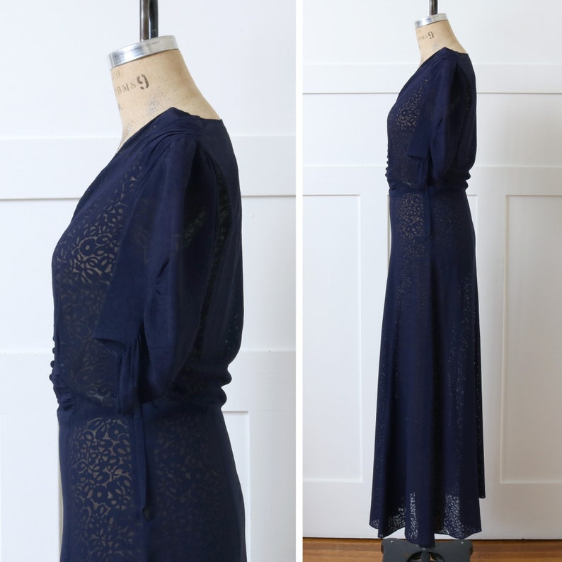 vintage 1930s navy blue puff sleeve dress semi-sheer burnout floral full length Art Deco dress image 7