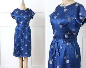 sz 8 vintage 1960s blue silk brocade dress • NOS deadstock chrysanthemum cocktail dress • Mayfield Mall 'The Mandarin Shop'