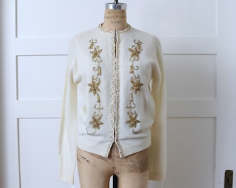 vintage 1960s beaded ivory wool cardigan • rose gold glass beads • soft cozy Angora blend sweater