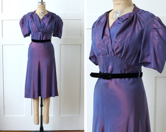 vintage 1930s dress • gorgeous & rare color changing iridescent purple "silk" puff sleeve 30s dress