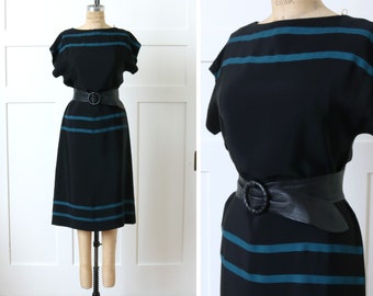vintage 1990s minimalist shift dress • silky black rayon loose fit dress with metallic blue stripes