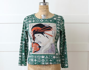 vintage 1970s geisha shirt • nylon novelty print pullover stretch blouse • Japanese print
