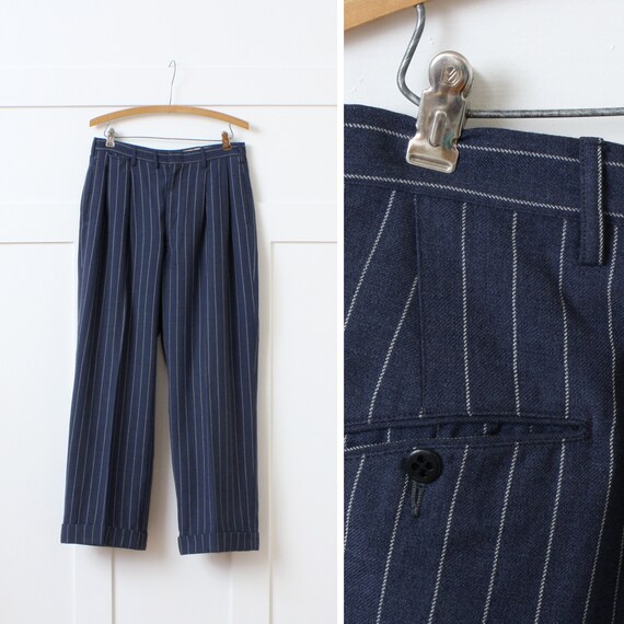 mens vintage 1940 wool trousers • dark blue wide l
