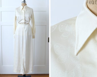 vintage 1970s butterfly print dress set • designer Mr. Dino ivory big collar blouse & maxi skirt set