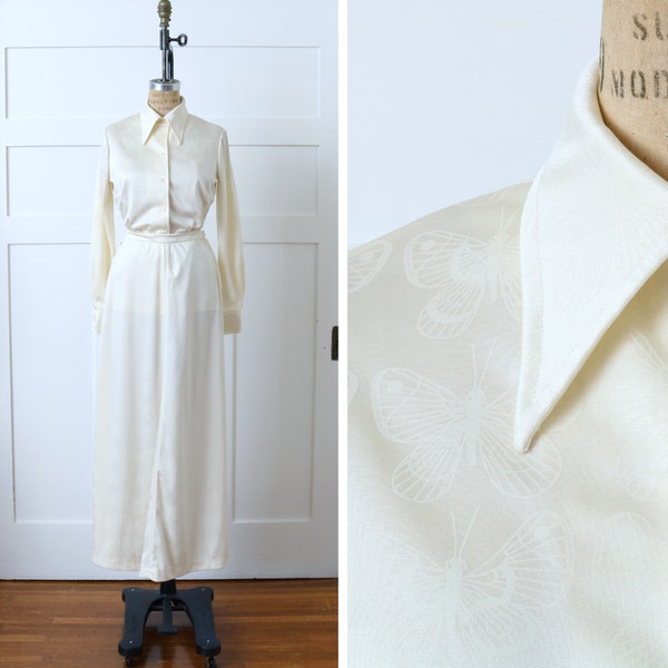 vintage 1970s butterfly print dress set • designer Mr. Dino ivory big collar blouse & maxi skirt set