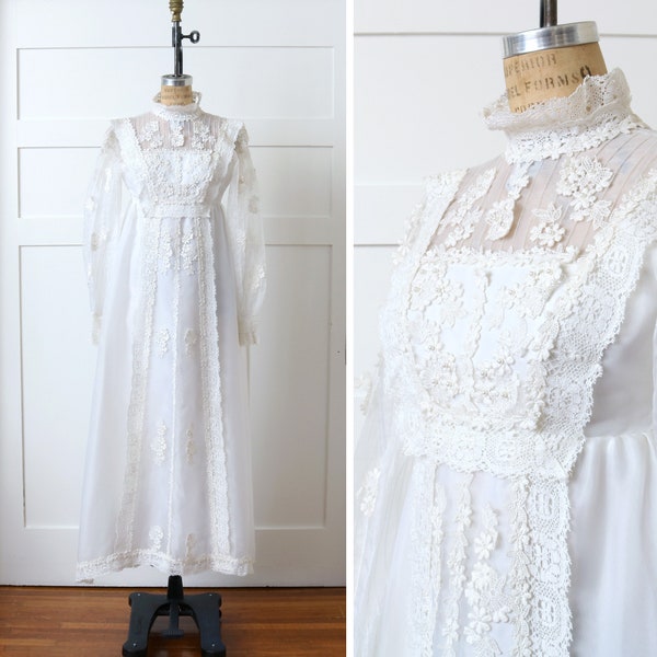 ON SALE vintage 1970s white floral wedding dress • empire waist lace collar & trim boho wedding gown