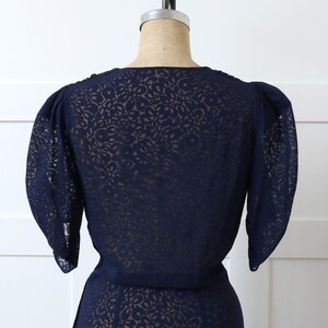 vintage 1930s navy blue puff sleeve dress semi-sheer burnout floral full length Art Deco dress image 6