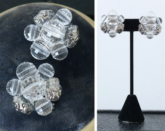 vintage 1960s beaded faceted art glass earrings • crystal clear & silver lava glass round clip earrings