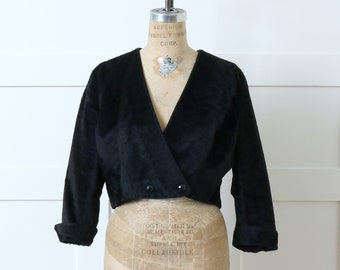 vintage 1950s cropped faux fur jacket • fuzzy textured black bolero with flared sleeve cuffs