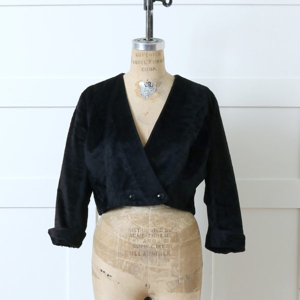 vintage 1950s cropped faux fur jacket • fuzzy textured black bolero with flared sleeve cuffs