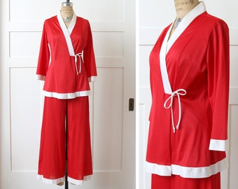 vintage 1970s nylon pajamas • 2 piece wide palazzo leg pants & wrap robe in red