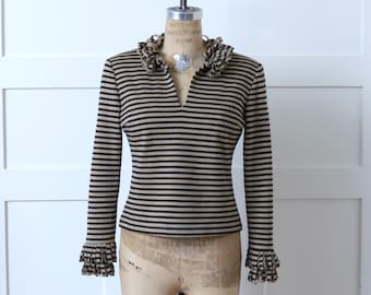 designer vintage 1990s striped wool top • black & tan avant garde looped trim knit blouse