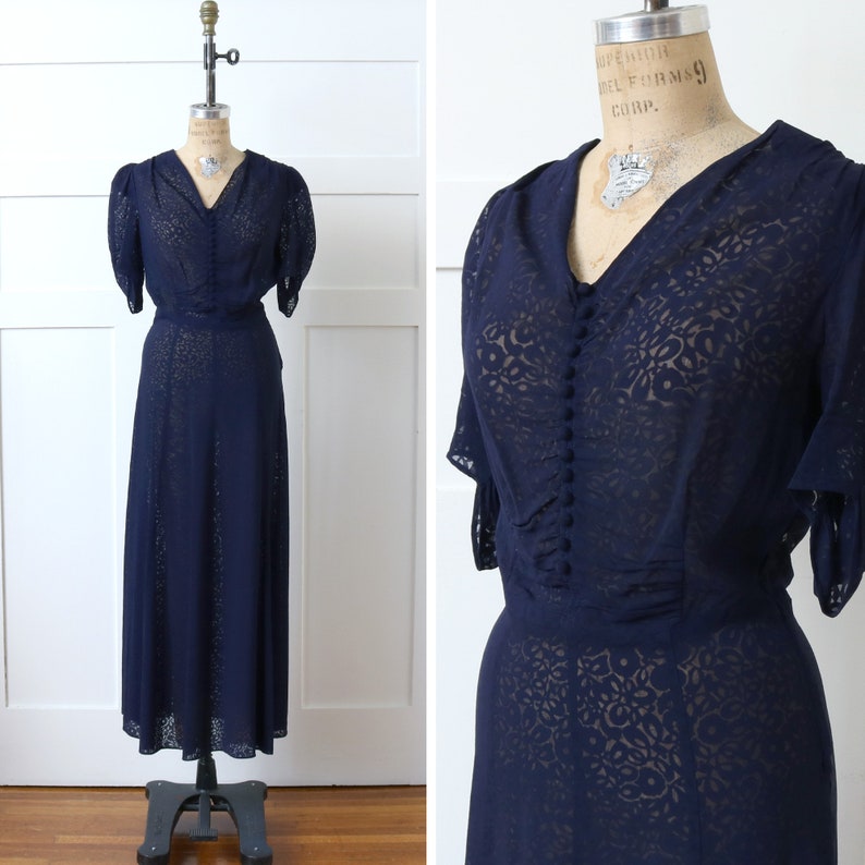 vintage 1930s navy blue puff sleeve dress semi-sheer burnout floral full length Art Deco dress image 1