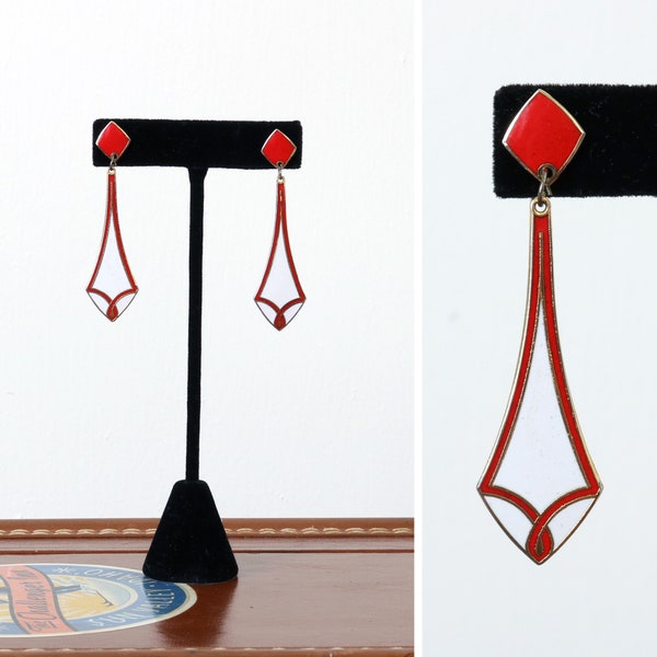 vintage 1980s enamel earrings • long red & white pierced drop earrings • stylized knots