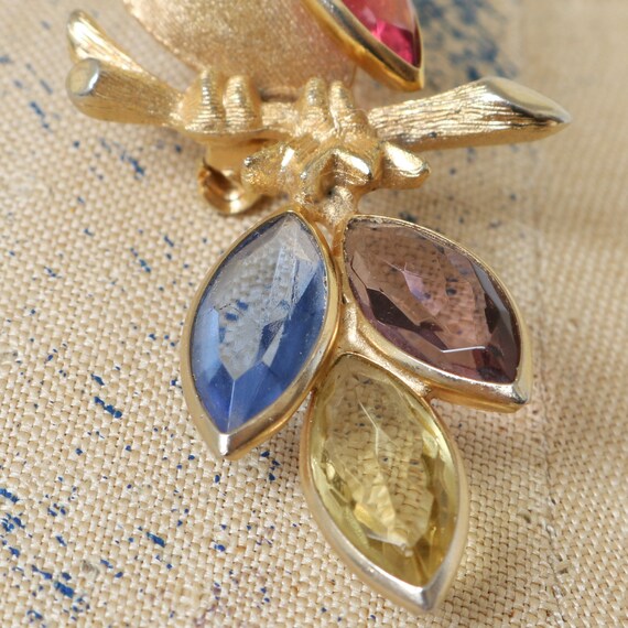 vintage brushed gold parrot brooch • pastel rhine… - image 4