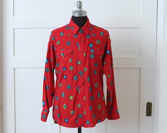 mens vintage 1990s Y2K Wrangler western shirt • bold red & turquoise southwest print cotton shirt