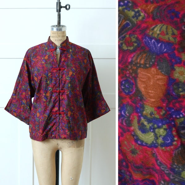 volup vintage 1960s women's Hawaiian shirt • hot pink novelty print cotton tea timer blouse