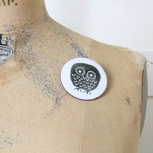 vintage MCM modernist owl brooch • large black & white round enamel pin • handmade artisan jewelry