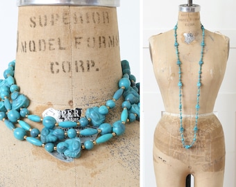 vintage 1960s happy buddha necklace • swirled turquoise plastic long multi-length necklace