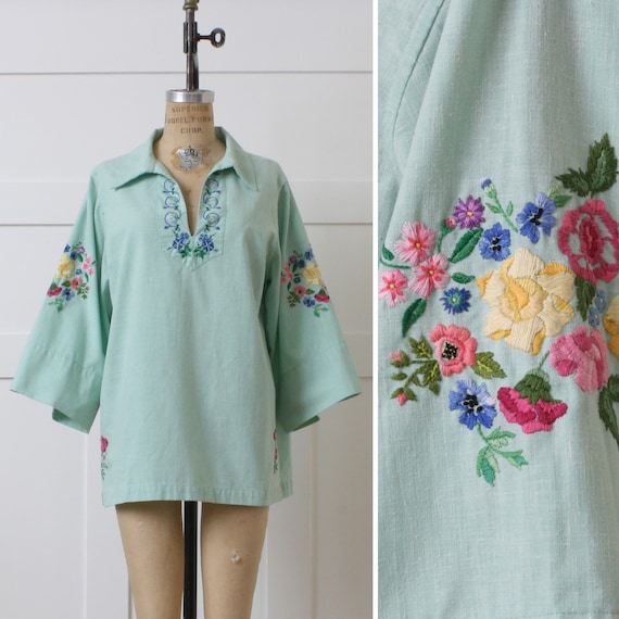 volup vintage 1970s embroidered blouse • mint gree