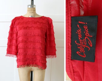vintage 1980s red fringe blouse • fun eyelash fringe pullover loose fit blouse