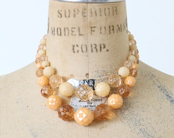 vintage 1960s peach fuzz necklace • 2 strand beaded cocktail necklace • faceted crystals