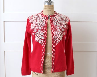 vintage 1960s red & white embroidered cardigan • day floral and polka dot wool sweater