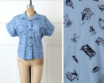 vintage 1980s does 1950s novelty print shirt • swing dance & cigarettes pop culture print blouse